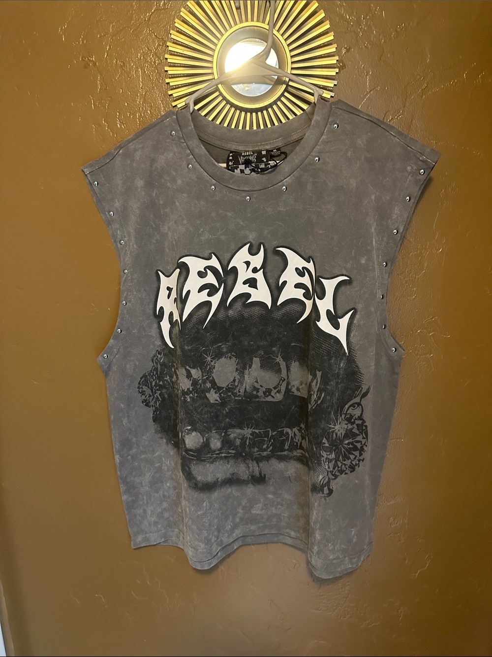 rebels Gray Washed Skull Muscle Tank with Stud Accents